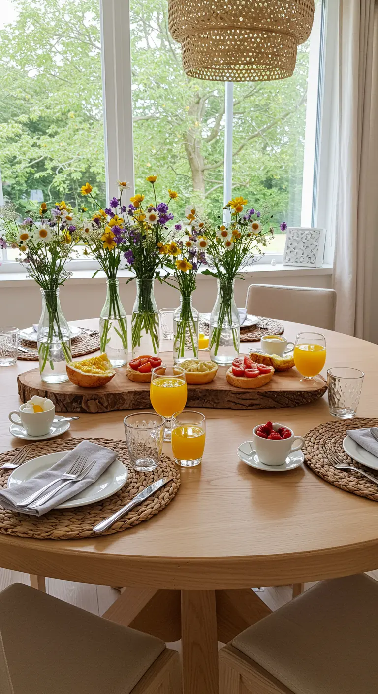 Table de brunch avec des fleurs sauvages dans des bouteilles en verre.