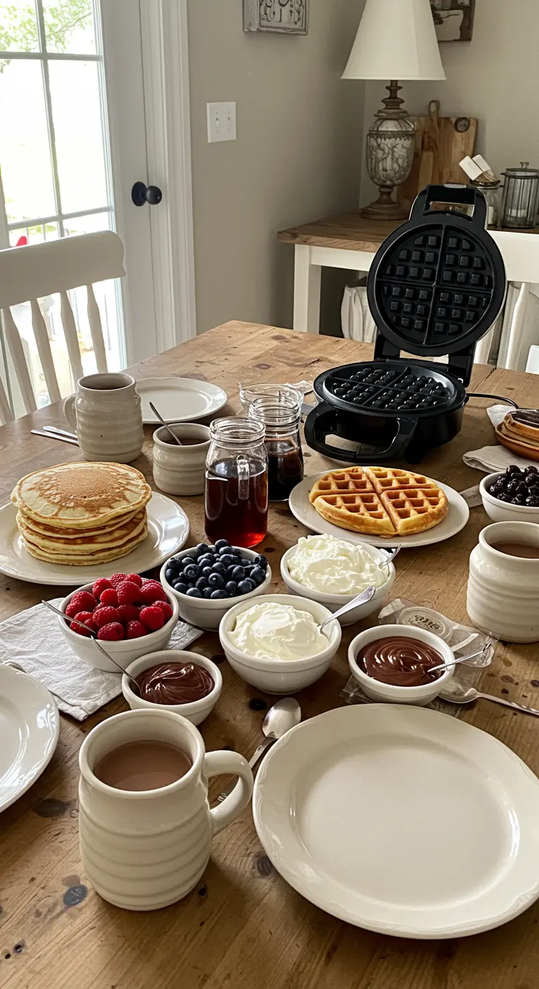 Table de brunch avec un gaufrier, des pancakes et des garnitures.