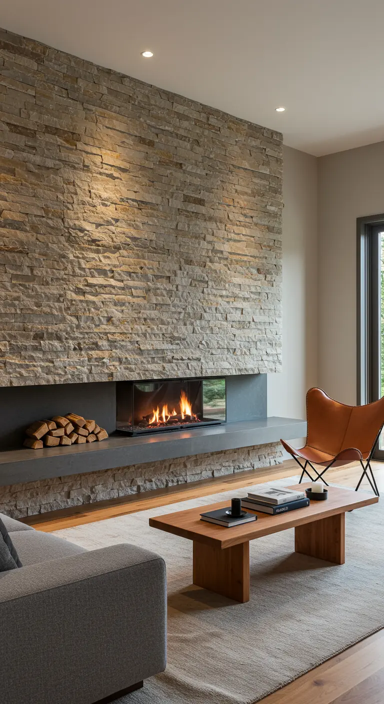 Mur de cheminée en pierre avec fauteuil papillon en cuir et table basse.