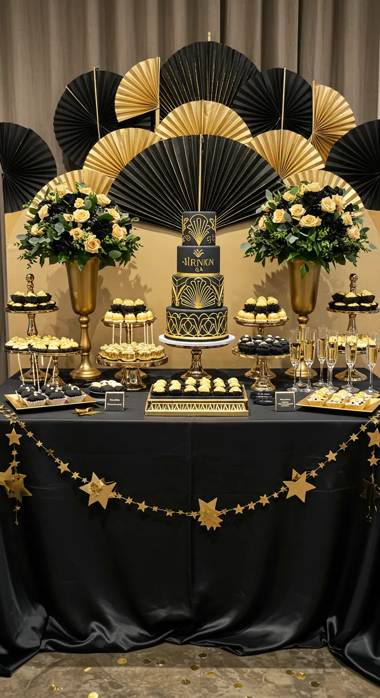 Buffet de desserts noir et or de style Art déco avec un gâteau à étages.