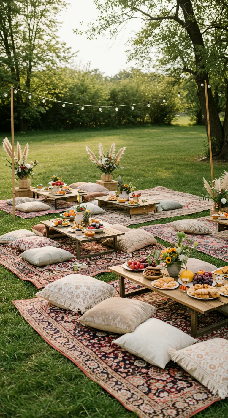 Buffet de mariage bohème en extérieur avec tables basses, coussins, tapis orientaux et abondance de nourriture.