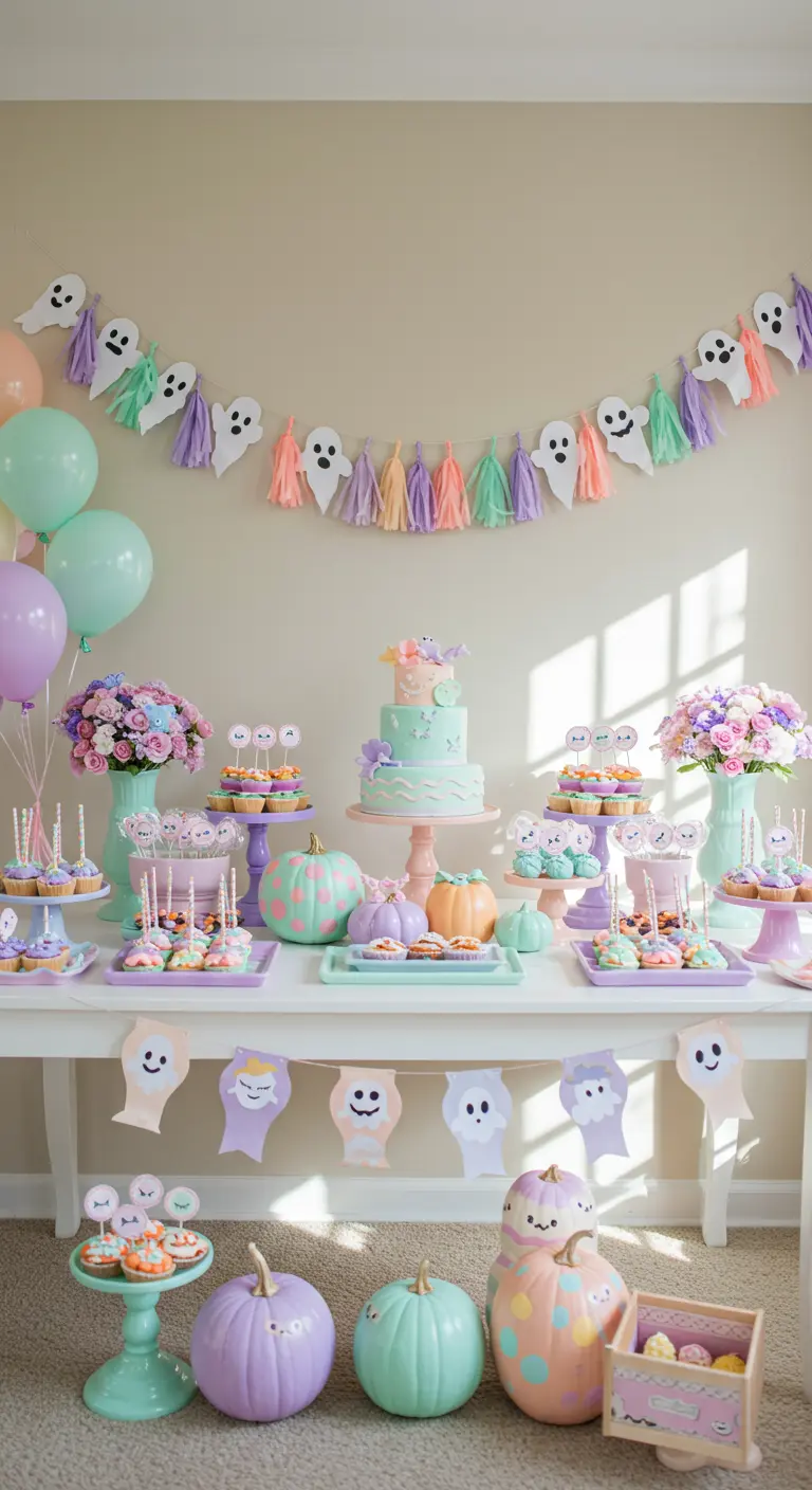 Buffet d'anniversaire Halloween pastel avec citrouilles et fantômes.