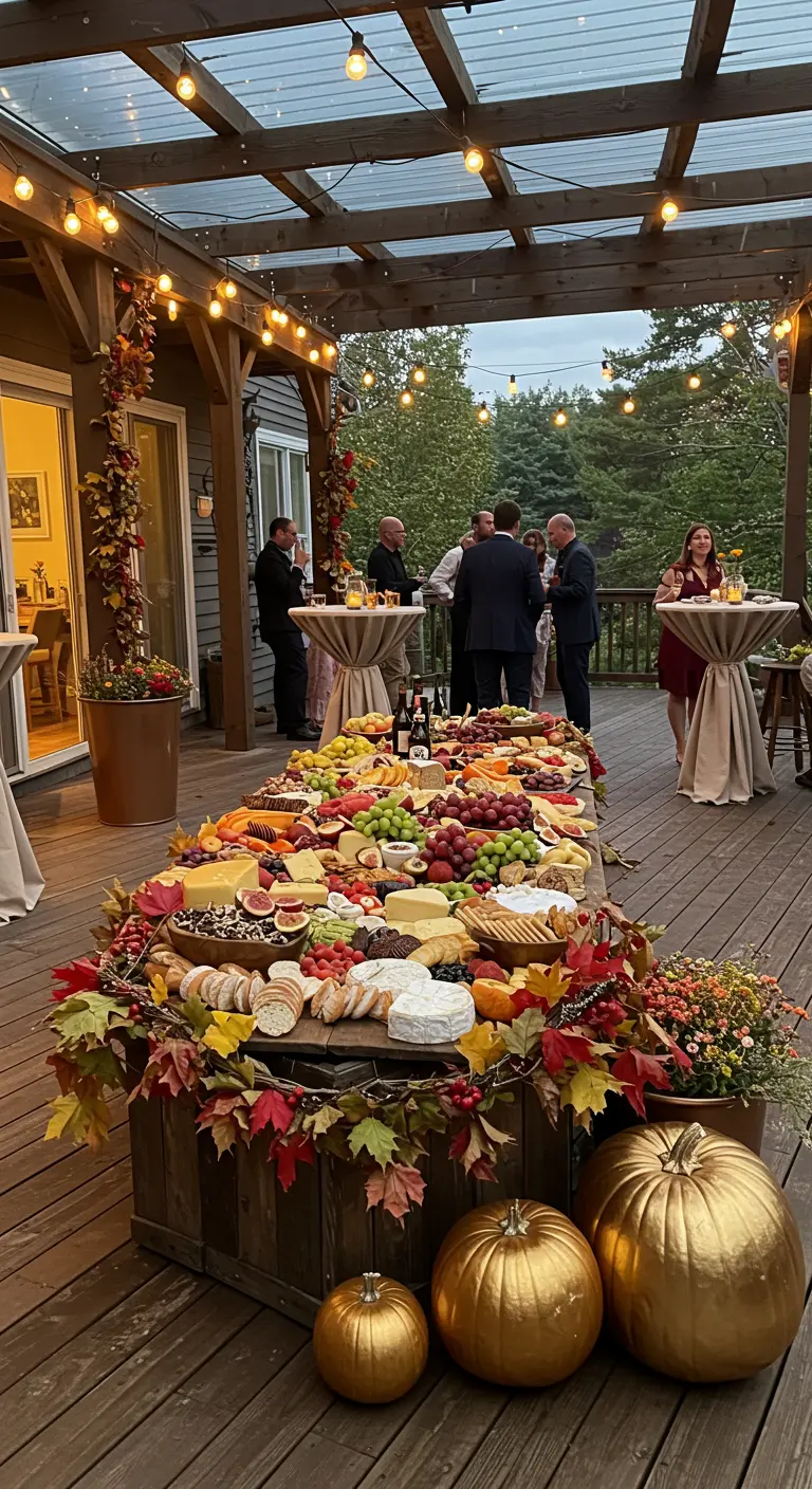Buffet automnal abondant sur une terrasse, décoré de feuilles et citrouilles.