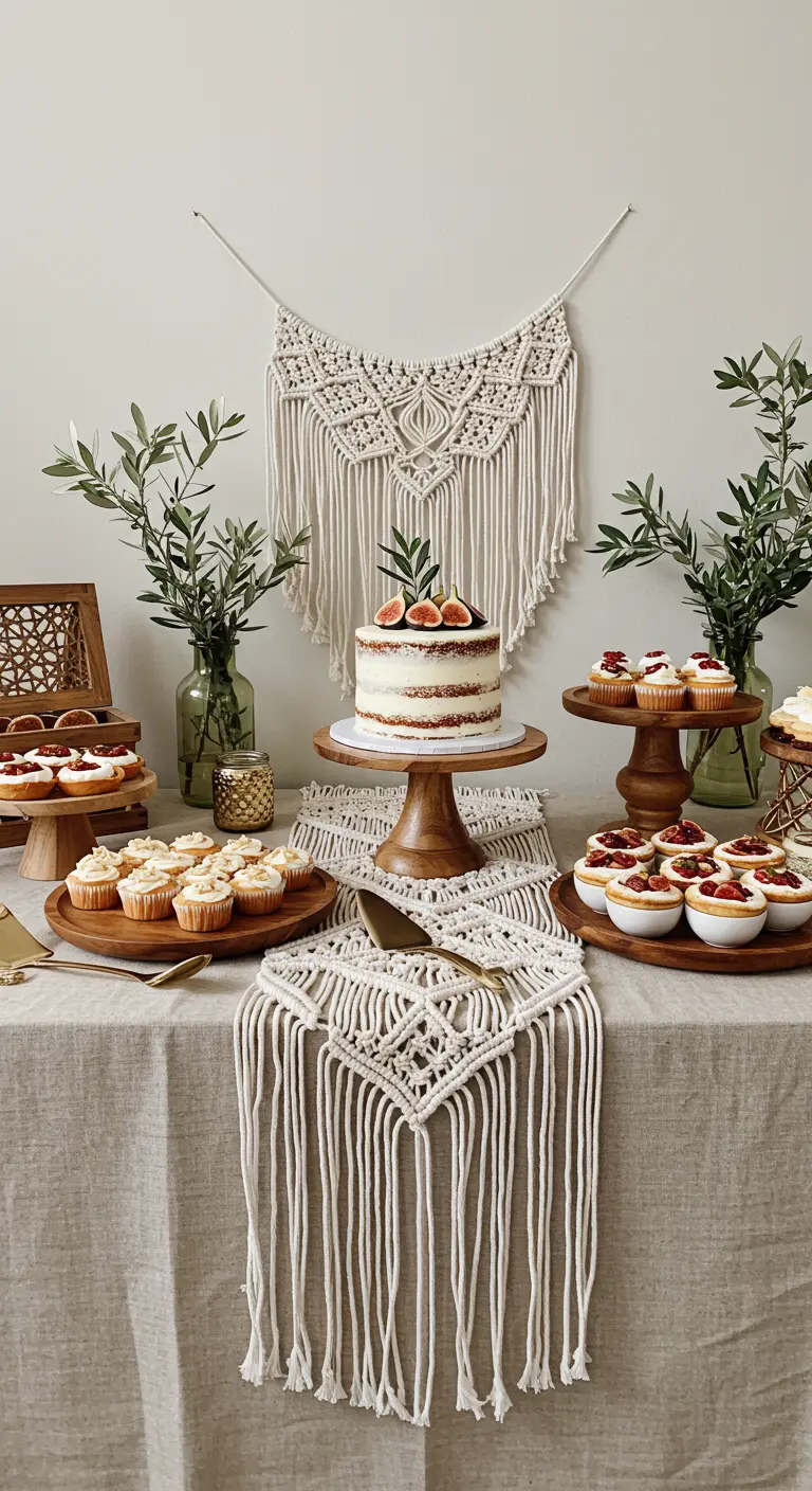 Table de desserts avec une nappe en lin, un chemin de table en macramé et des gâteaux.