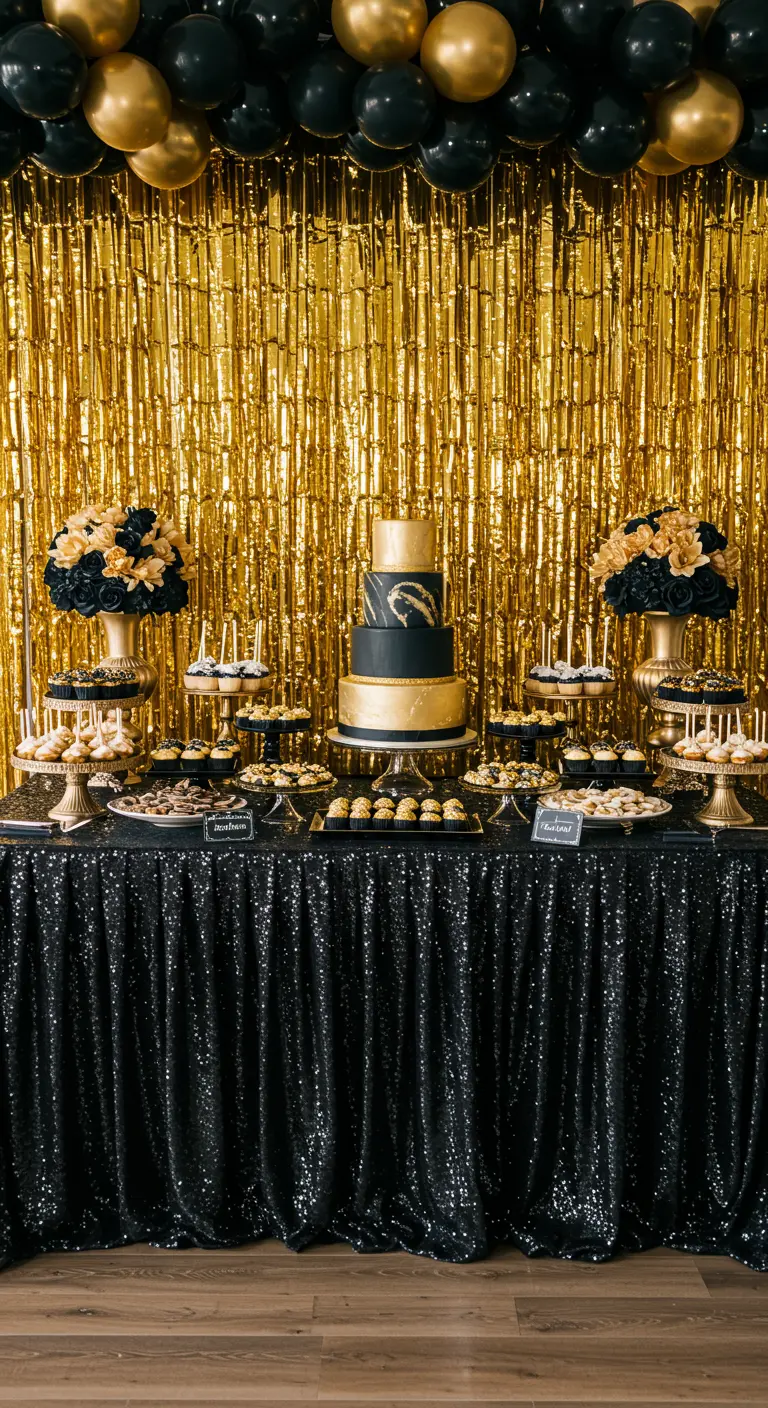 Buffet de desserts noir et or avec nappe à sequins et rideau à franges dorées.