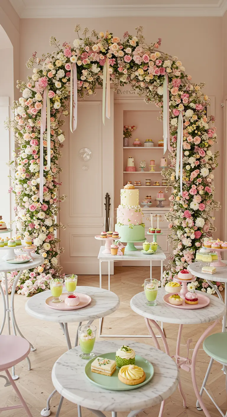 Buffet de pâtisseries dans une pièce rose sous une arche spectaculaire de roses pastel.