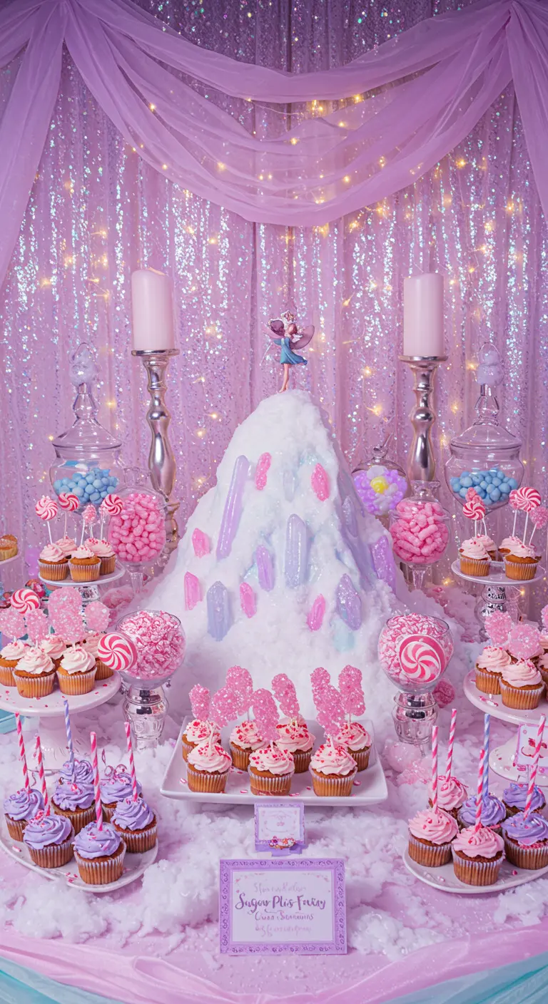Buffet de fête rose et lavande avec des cupcakes, des bonbons et un gâteau en sucre.