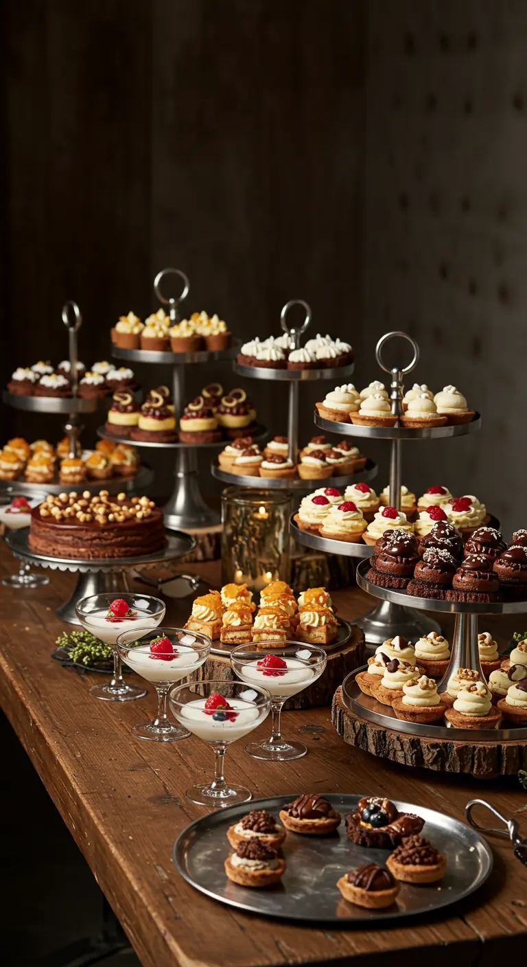 Buffet de desserts sur une table en bois avec des présentoirs en métal et des rondins.
