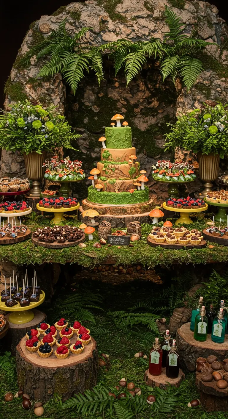 Buffet de desserts luxuriant sur le thème de la forêt, avec de la mousse et des rondins de bois.