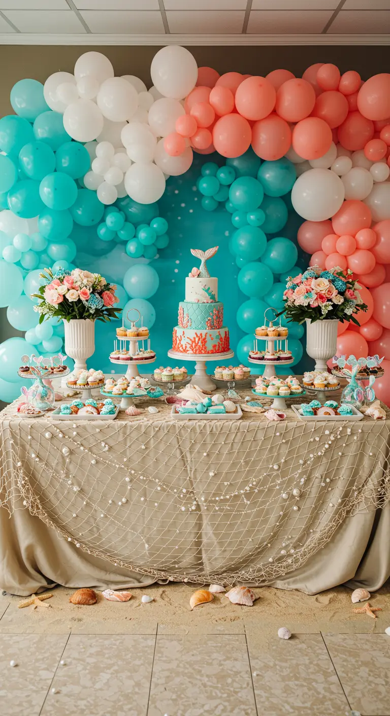 Buffet sirène avec un mur de ballons turquoise et corail et un filet de pêche.