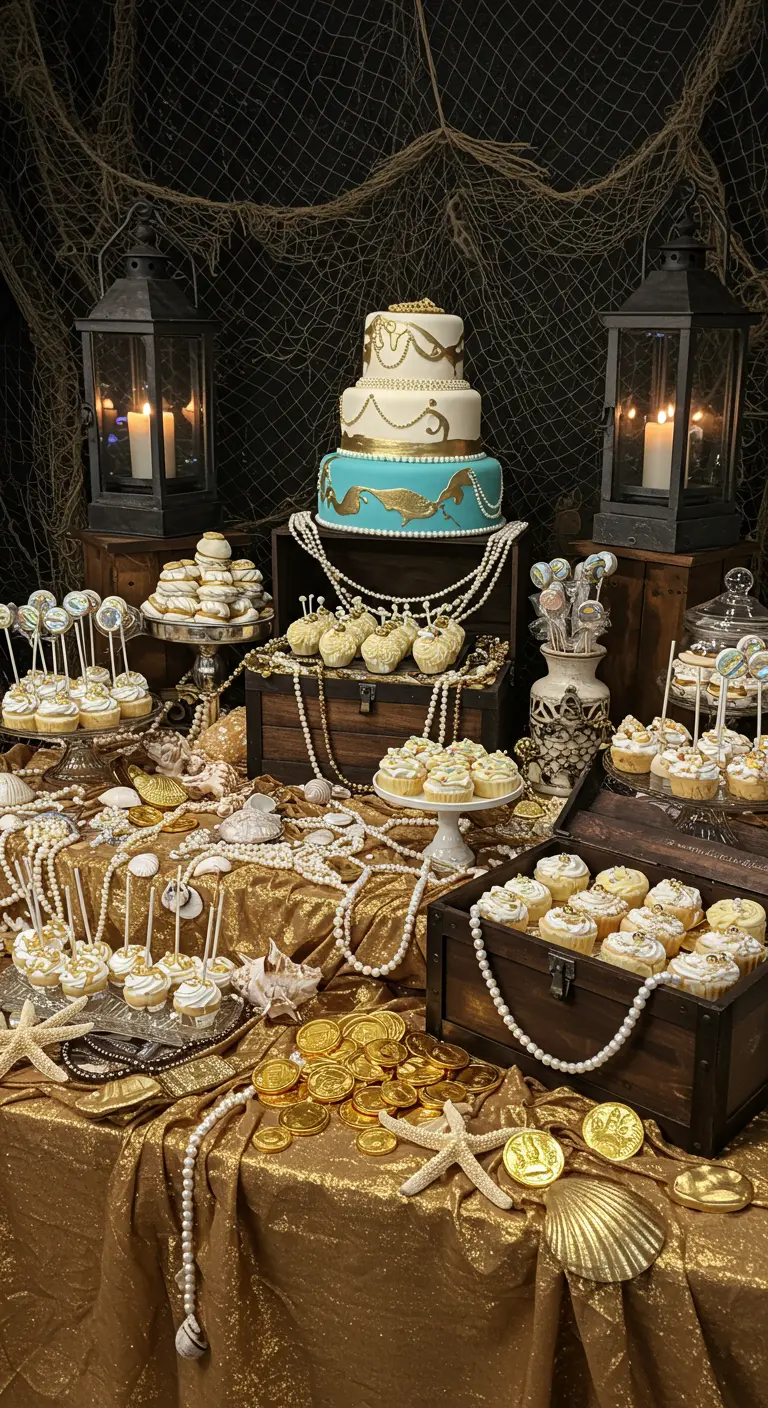 Buffet de desserts sur le thème des pirates avec de l'or, des perles et un filet de pêche.
