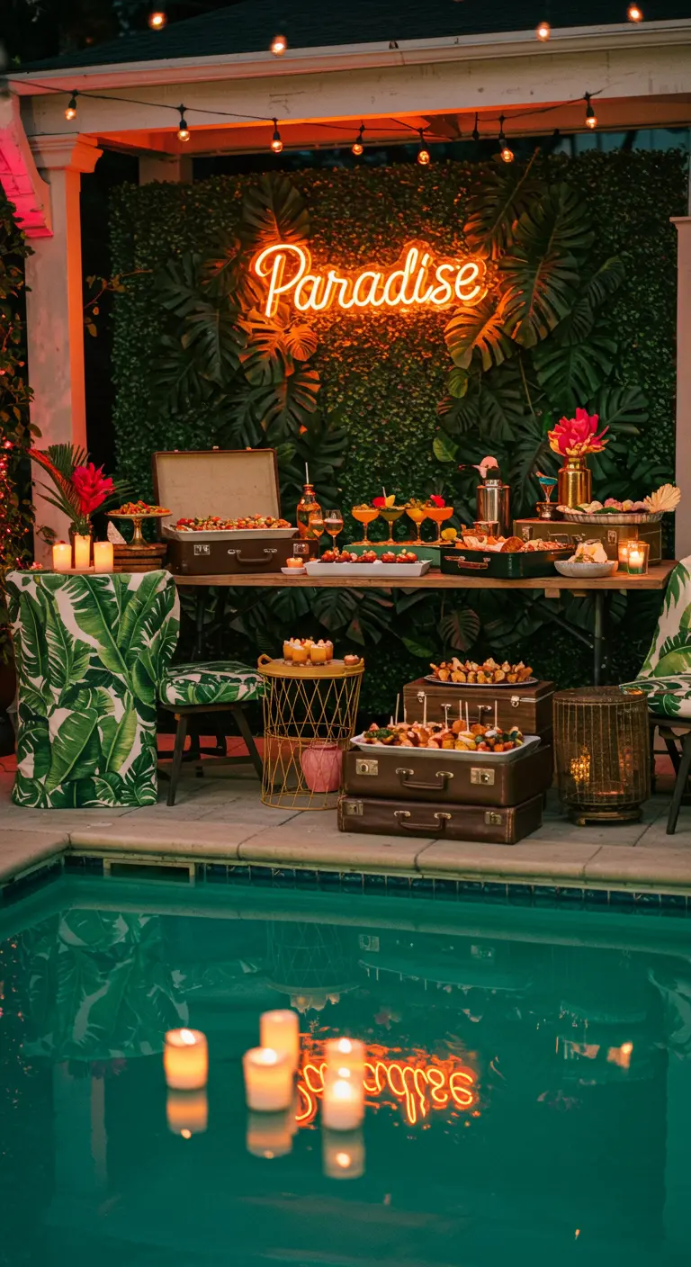 Buffet de fête au bord d'une piscine avec néon Paradise et valises rétro.