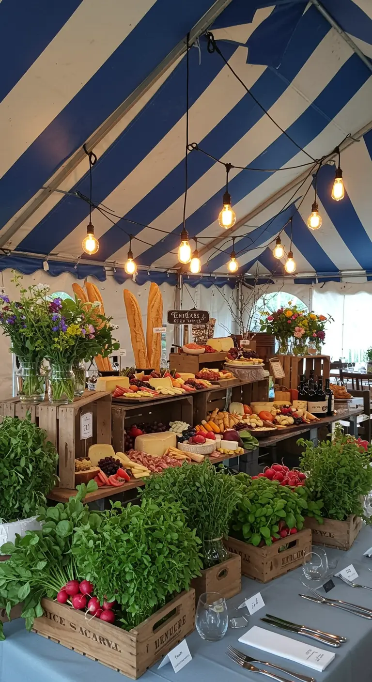 Buffet de fromages et de produits frais présenté dans des caisses en bois.