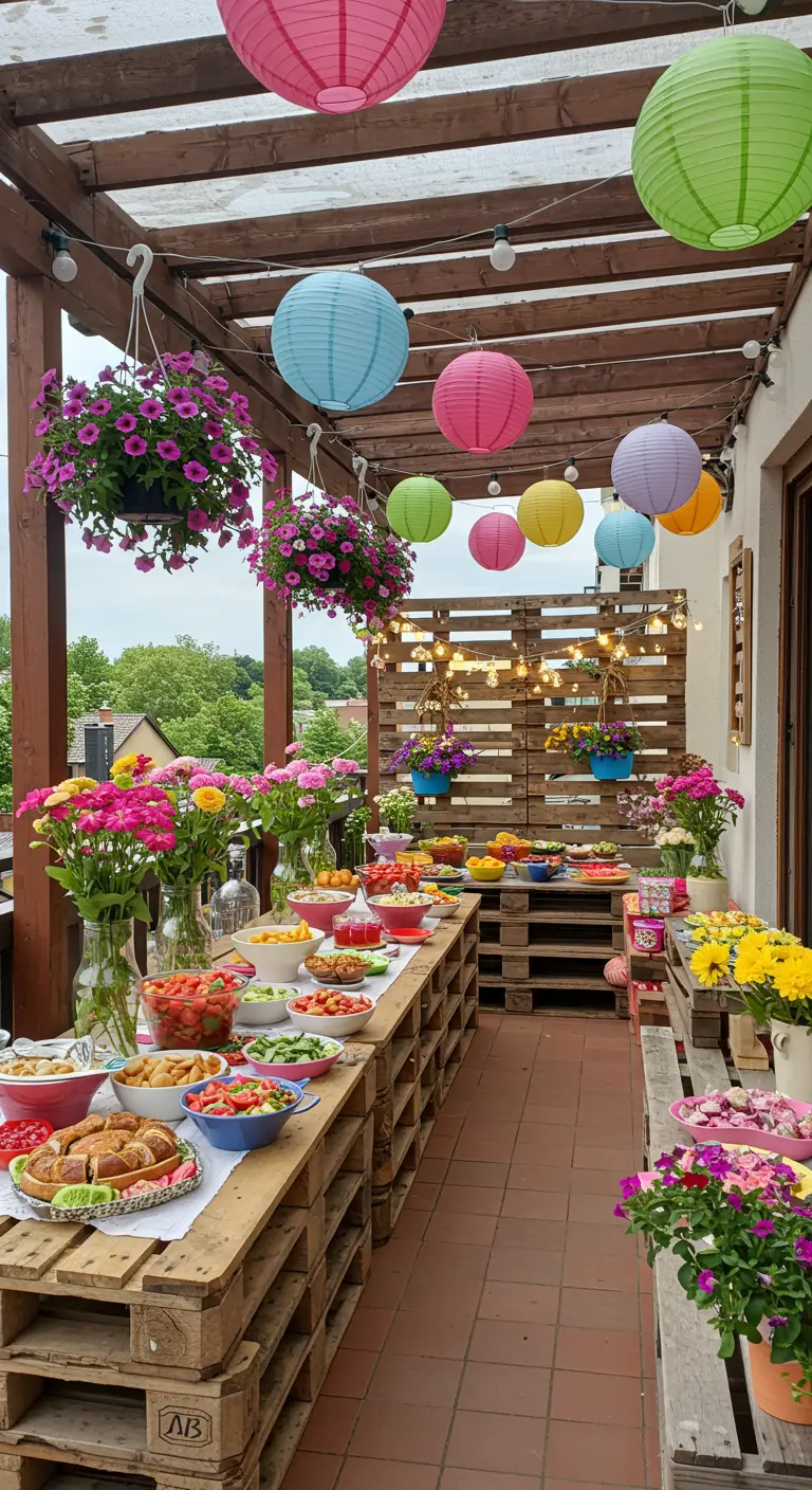 Buffet de fête fait de palettes empilées, garni de nourriture, fleurs et lampions colorés.