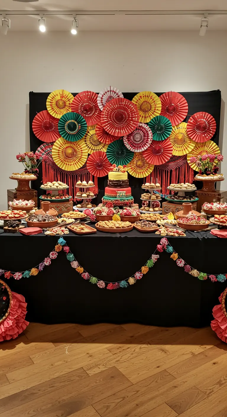 Buffet de desserts avec un fond décoré d'éventails en papier multicolores.