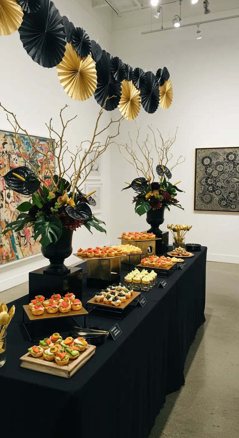 Buffet chic avec des canapés, des fleurs et des décorations en papier suspendues.