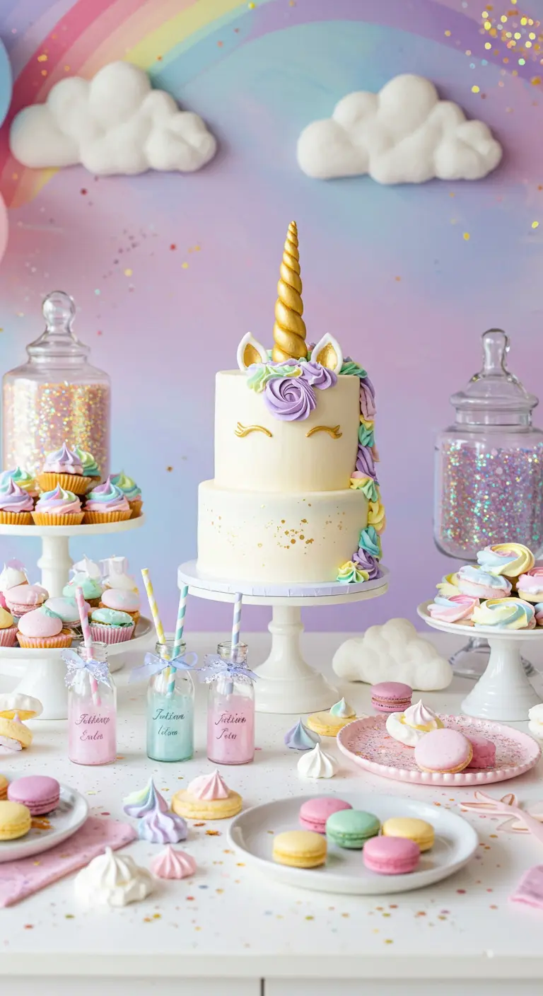Table de desserts sur le thème des licornes avec un gâteau à corne.