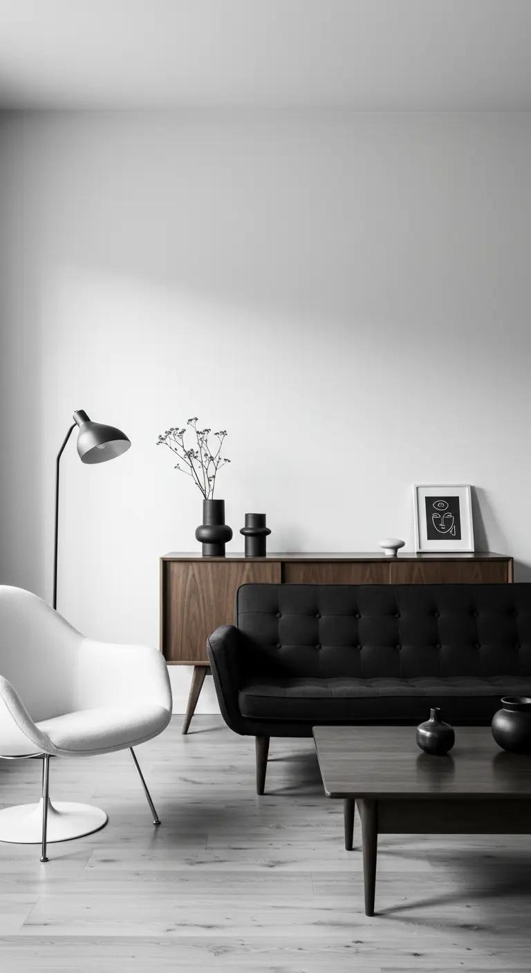 Coin salon avec buffet en bois, canapé noir capitonné et fauteuil design blanc.