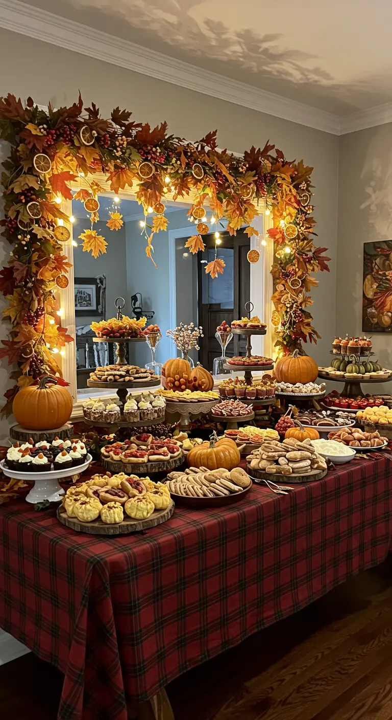 Buffet de desserts devant un miroir encadré d'une guirlande d'automne
