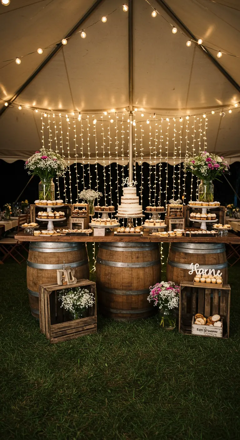 Buffet de desserts sur des tonneaux avec un rideau de lumières en fond.