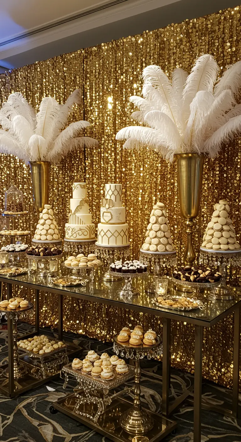 Buffet de desserts glamour devant un mur de sequins dorés.