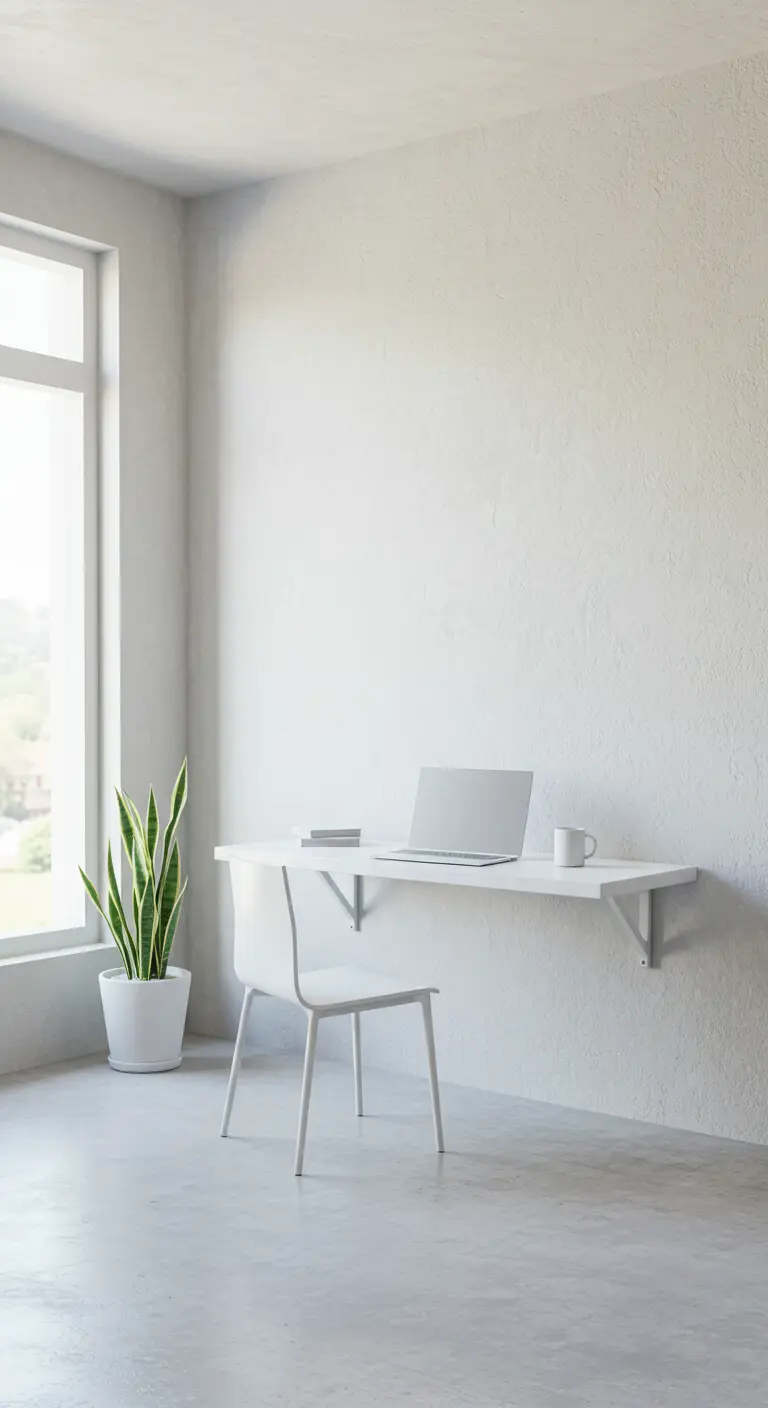 Bureau flottant blanc minimaliste avec une plante verte à côté d'une fenêtre.