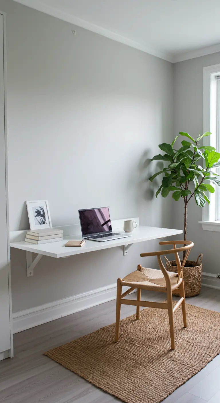 Bureau flottant blanc minimaliste avec chaise en bois et plante verte.