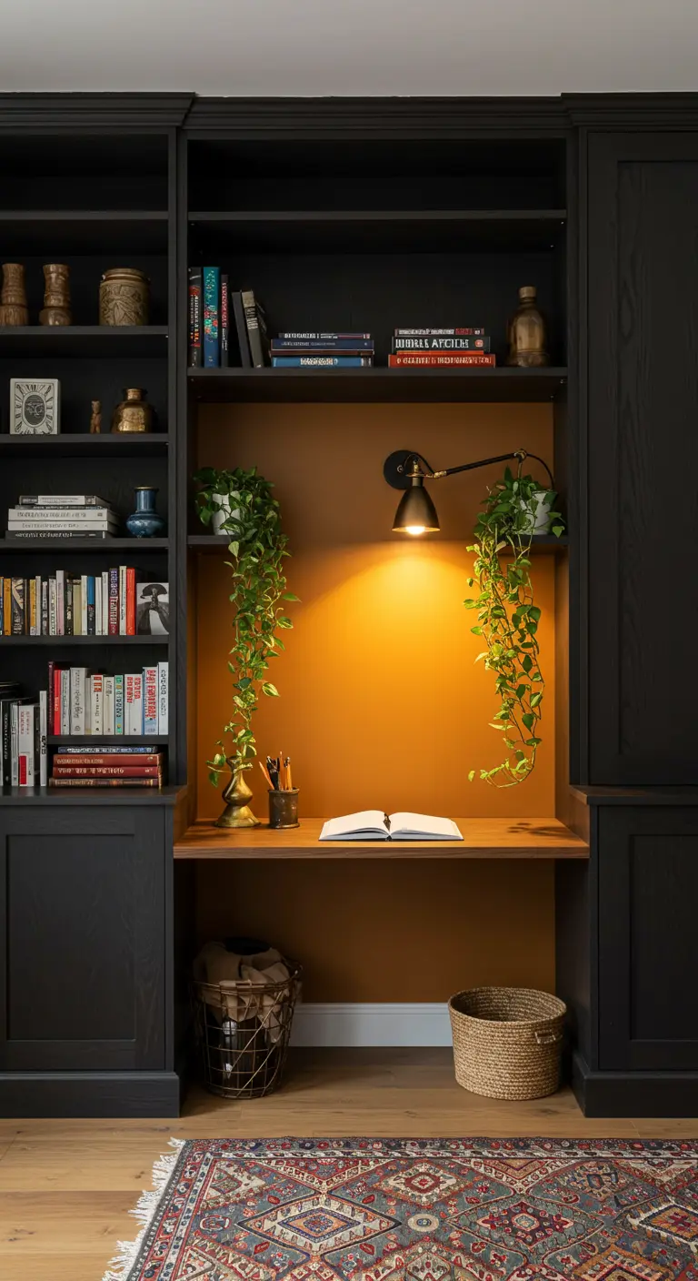 Bureau intégré dans une bibliothèque sombre avec un fond de couleur ocre.