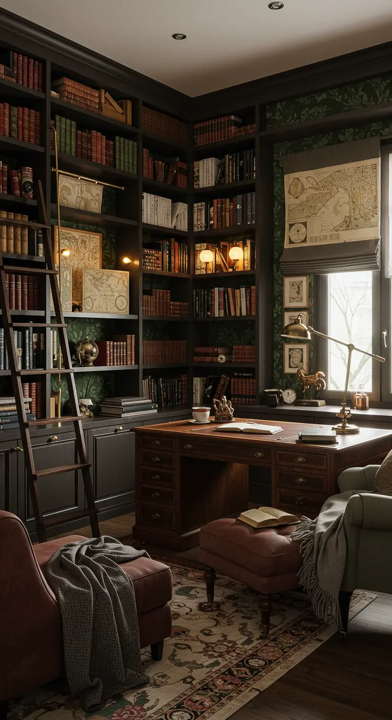 Bureau-bibliothèque somptueux avec étagères murales, échelle coulissante et mobilier classique.