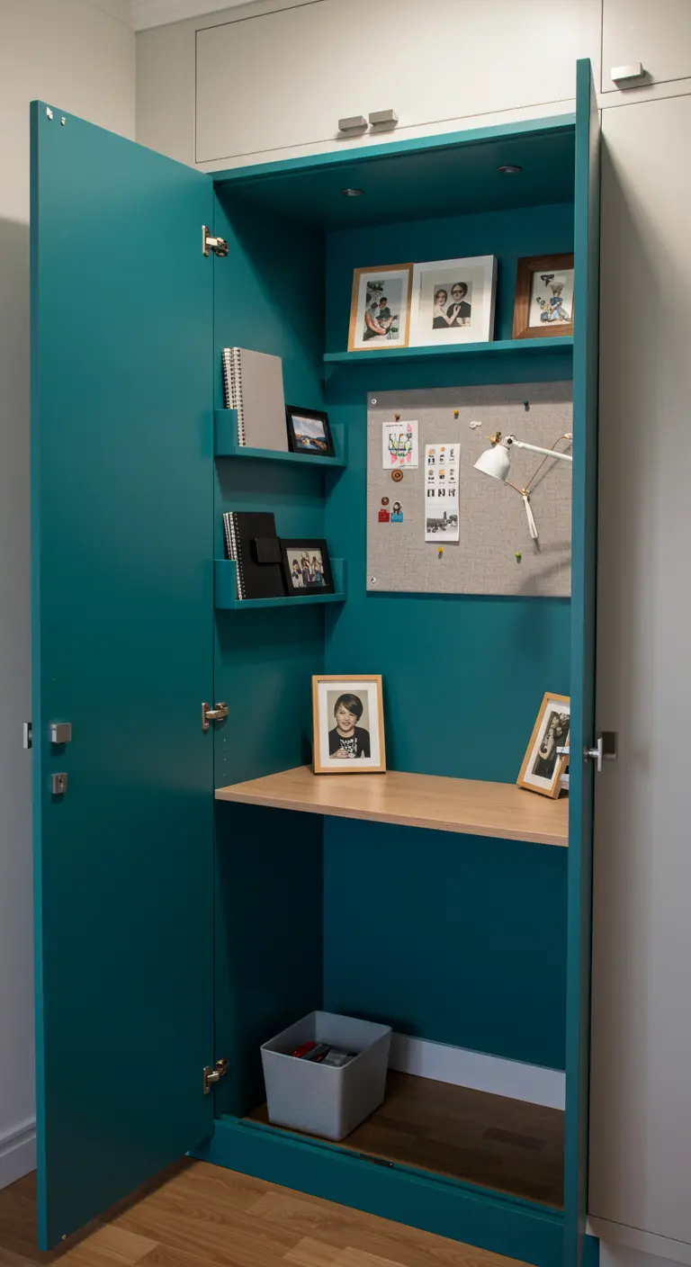 Bureau compact dissimulé à l'intérieur d'une armoire peinte en bleu canard.