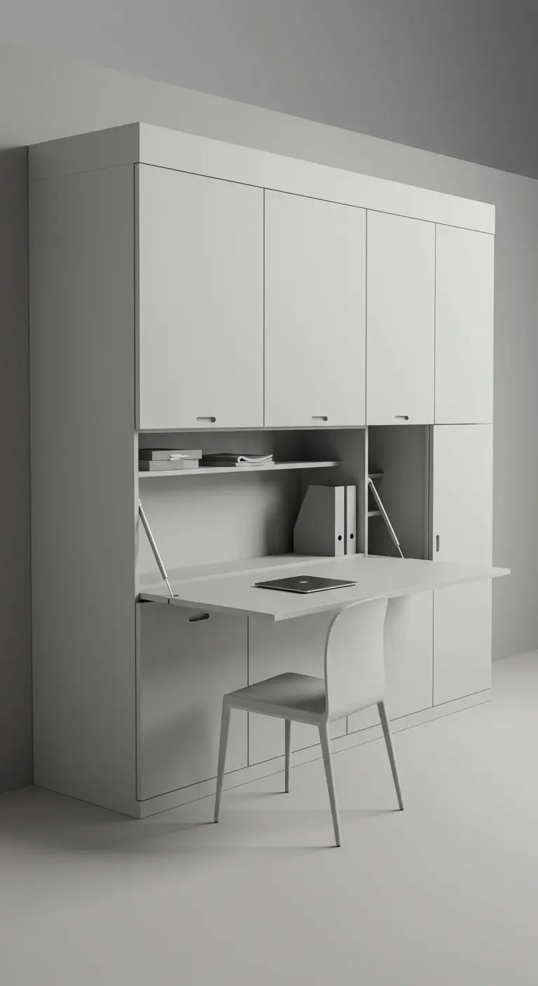 Armoire grise avec une section centrale qui s'ouvre pour révéler un bureau rabattable.