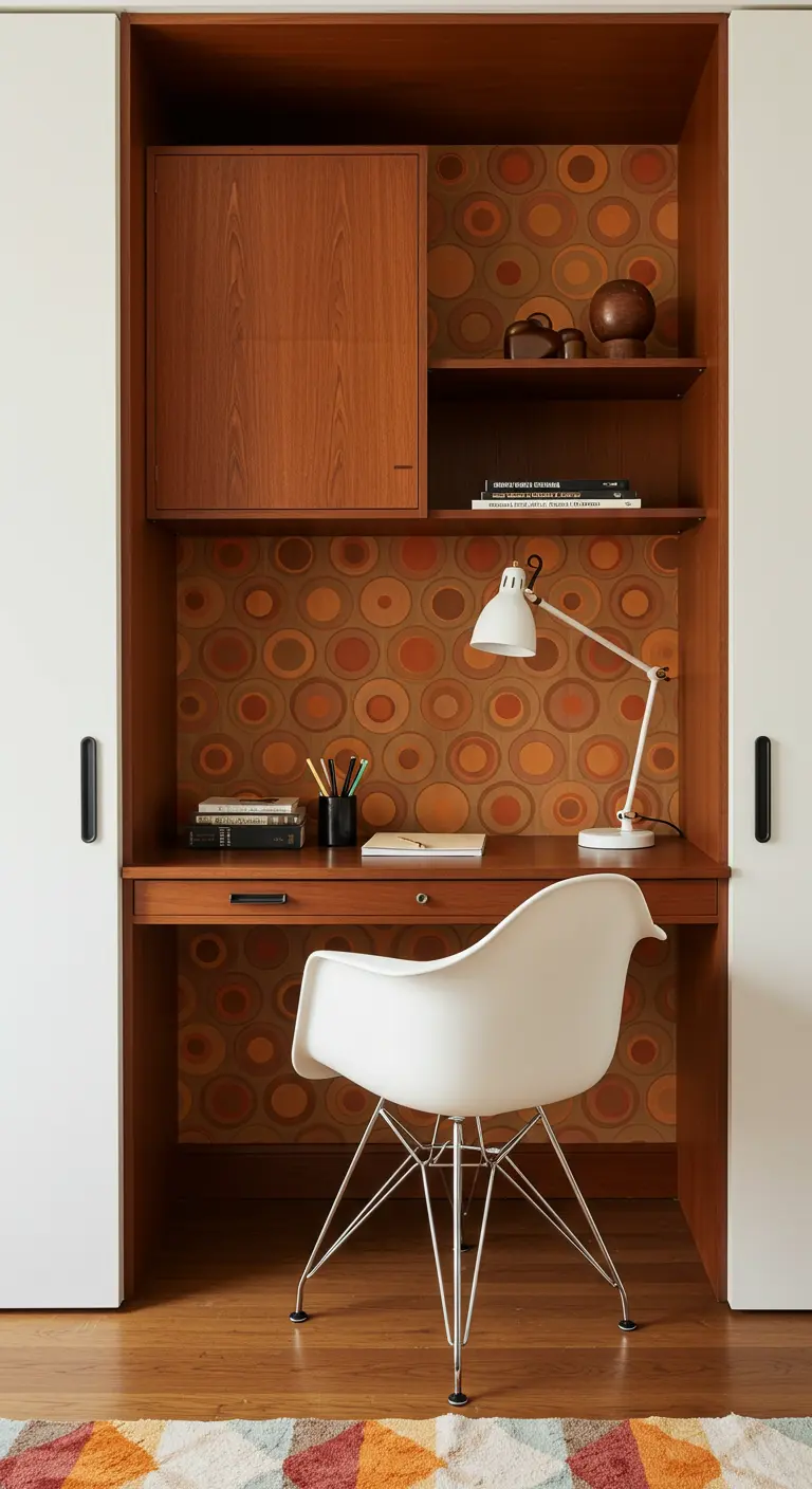 Bureau mid-century avec papier peint à motifs orange et chaise design iconique.
