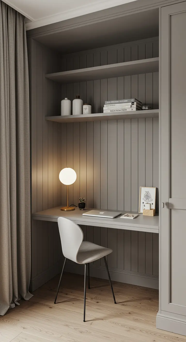 Bureau gris intégré dans une niche avec des étagères et une lampe globe.