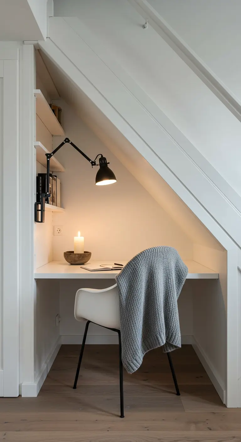 Petit bureau aménagé dans une alcôve blanche, avec une lampe murale noire et un plaid gris.