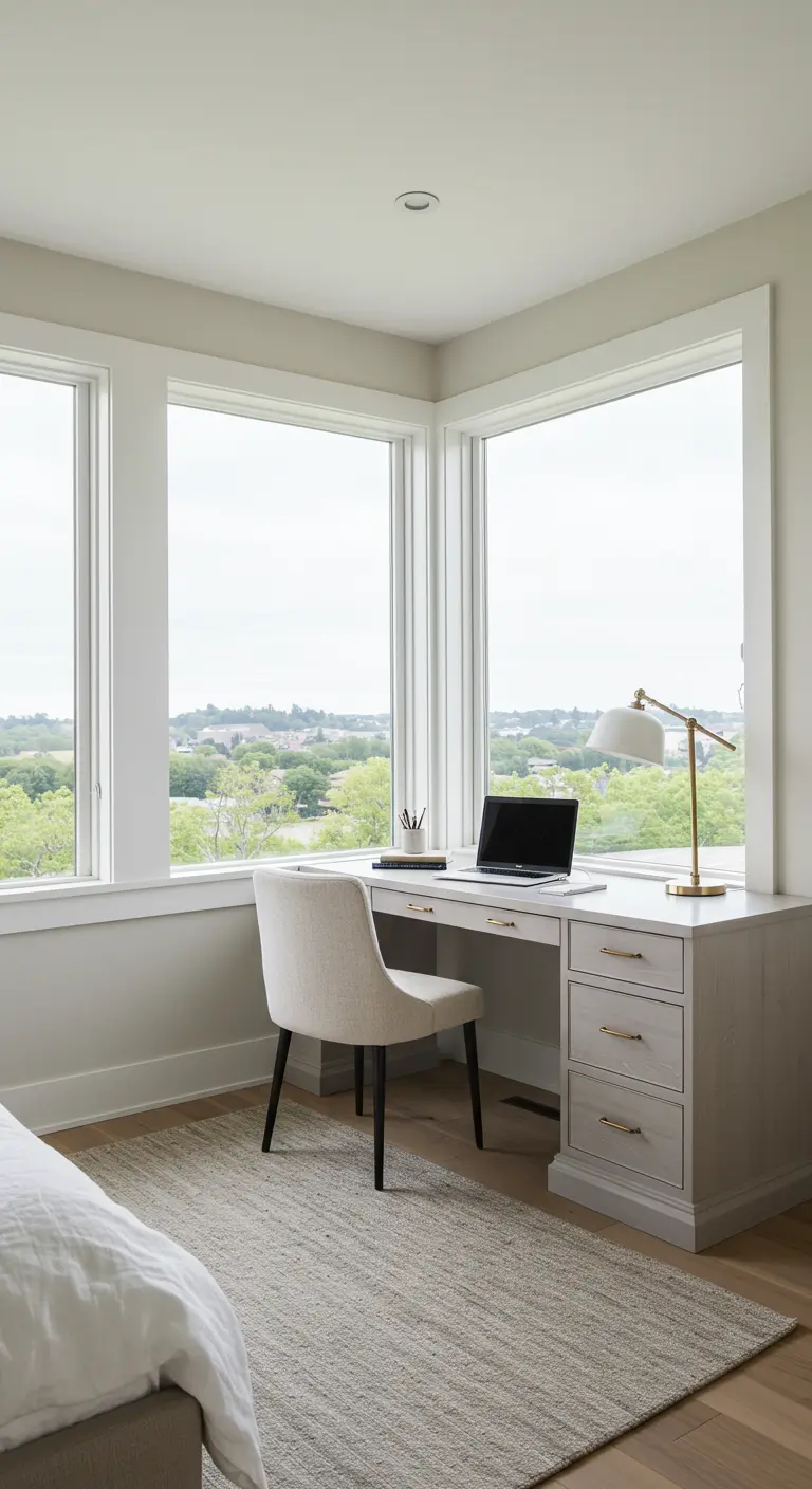 Bureau d'angle blanc placé dans un coin avec plusieurs fenêtres offrant une vue dégagée.