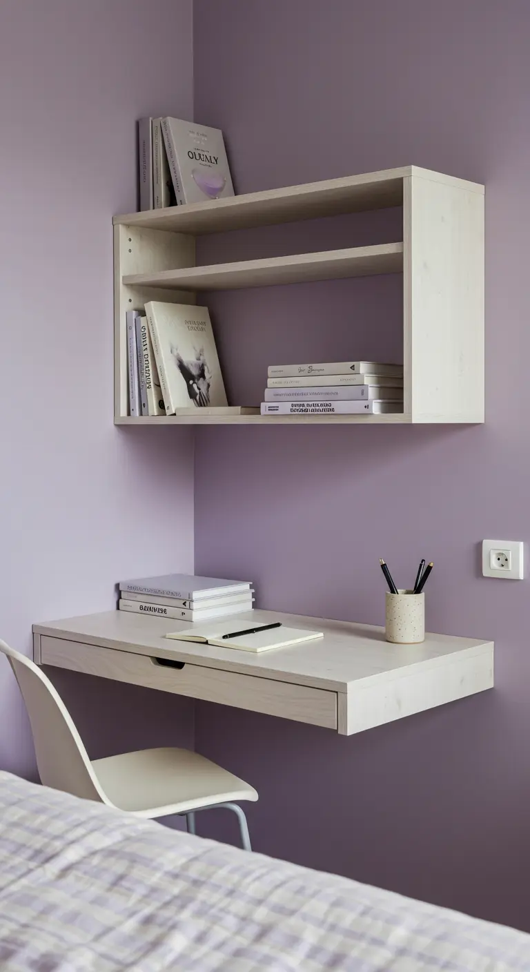 Bureau d'angle flottant en bois clair avec une étagère assortie sur un mur lavande.