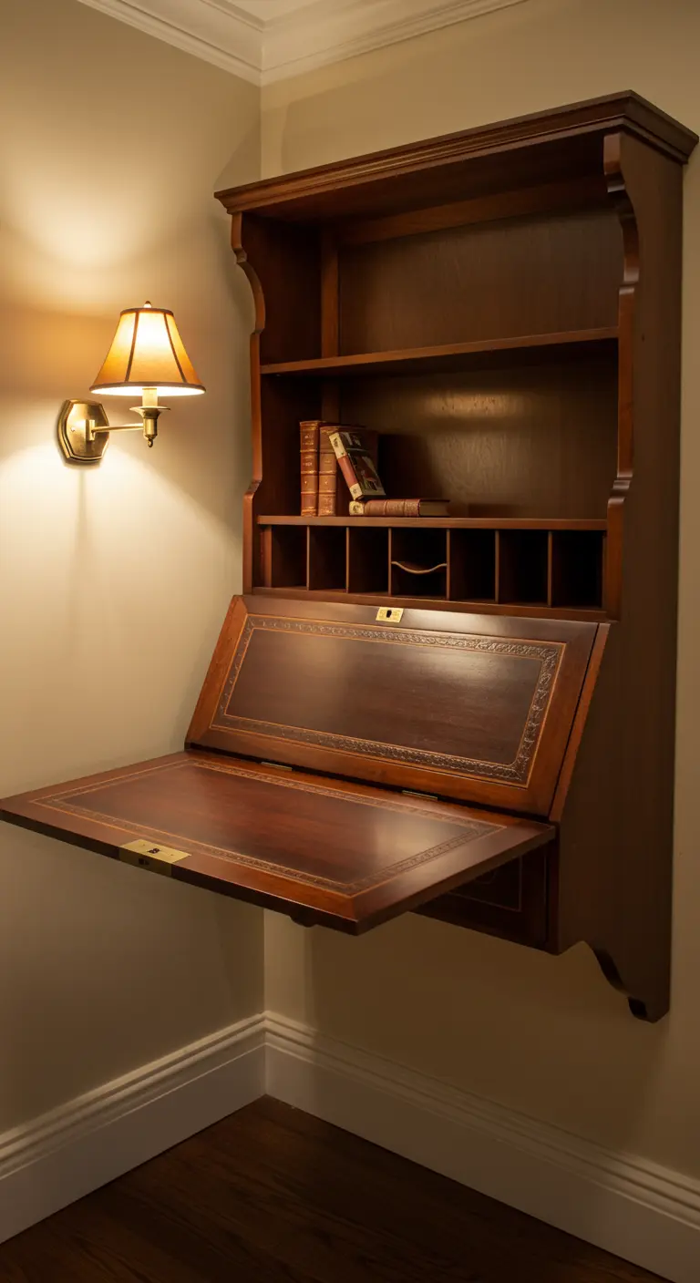 Secrétaire mural traditionnel en bois sombre avec un abattant gainé de cuir et des niches.