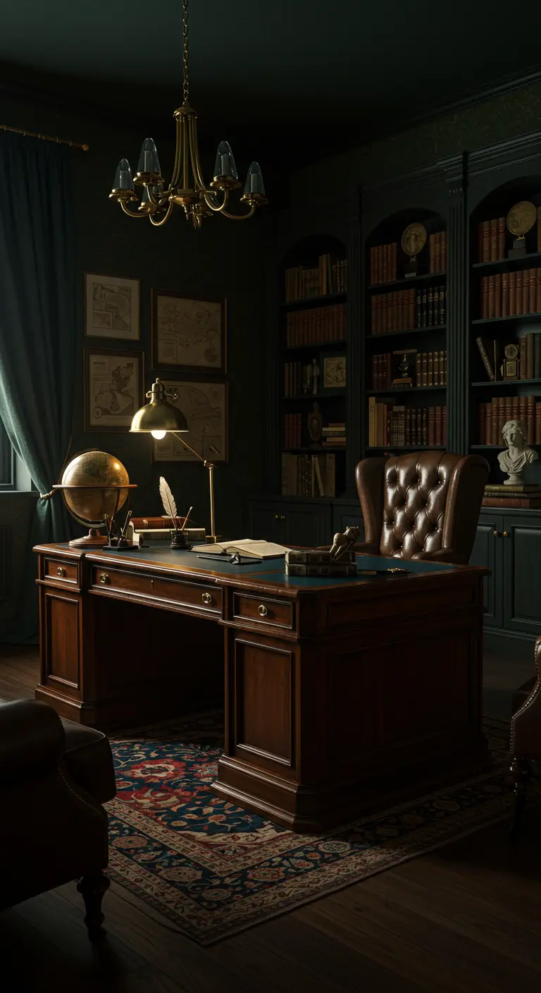 Bureau classique en bois foncé avec fauteuil en cuir capitonné, bibliothèque et tapis persan.