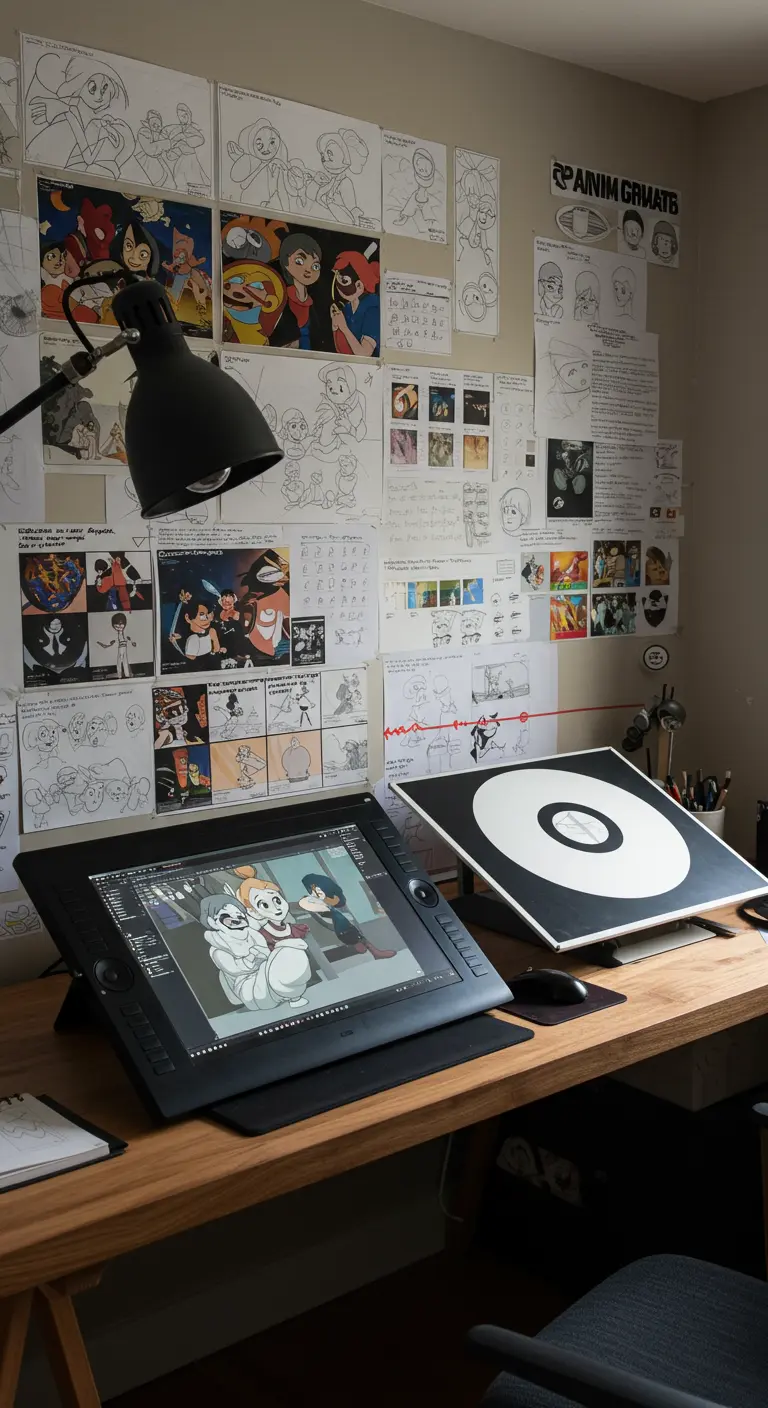 Bureau d'animateur avec tablette graphique et mur couvert de dessins de personnages.
