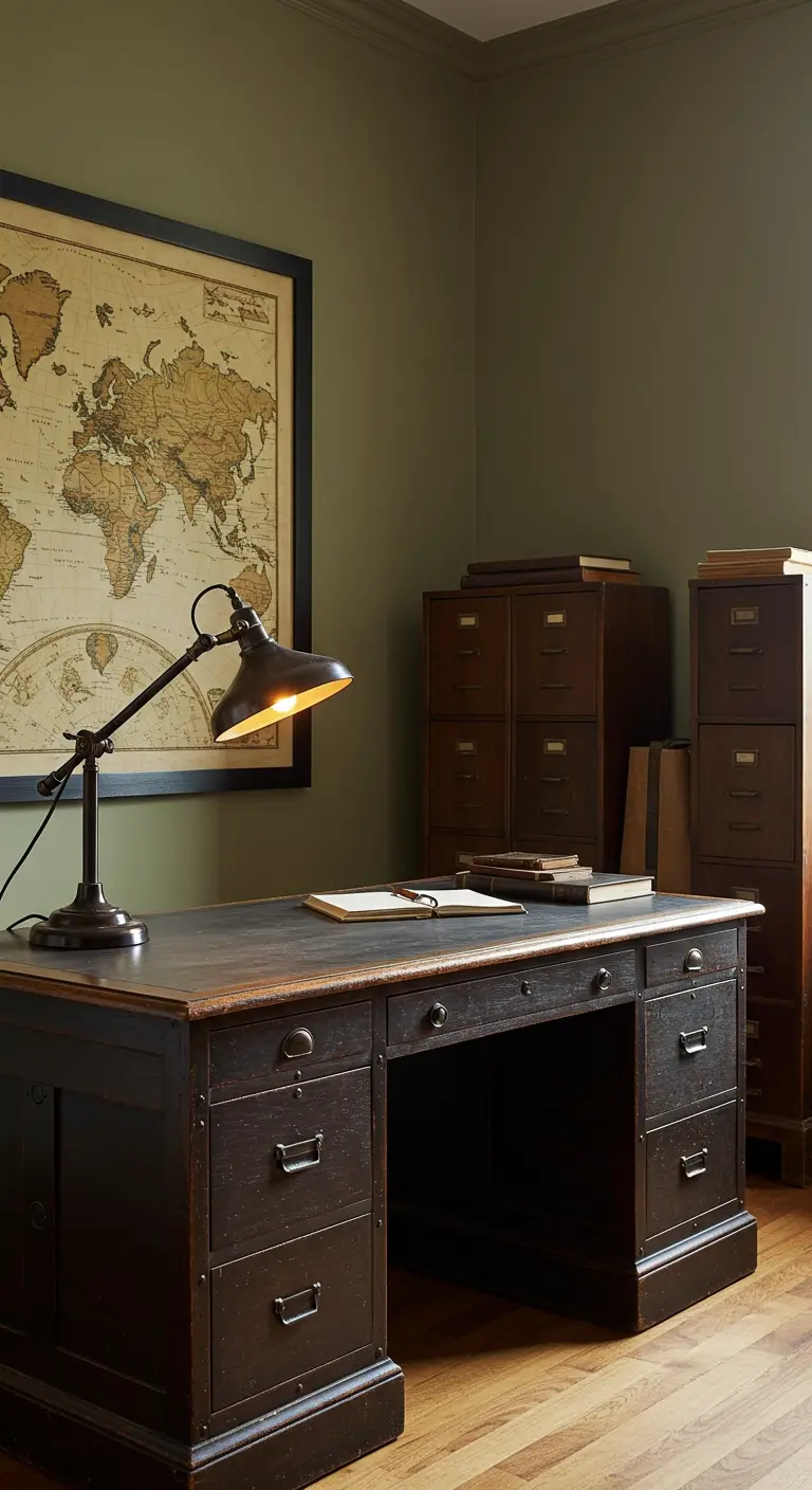 Bureau en bois sombre avec une lampe de banquier, devant un mur vert olive orné d'une grande carte du monde.