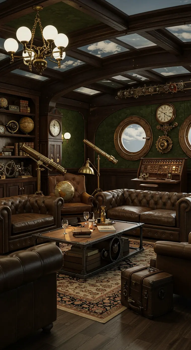 Bureau Steampunk avec mobilier en cuir, télescopes, globes terrestres et hublots décoratifs.