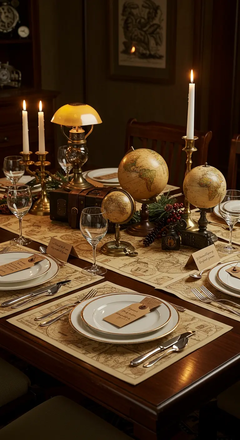Table de fête vintage avec mappemondes, chandeliers et sets de table carte.