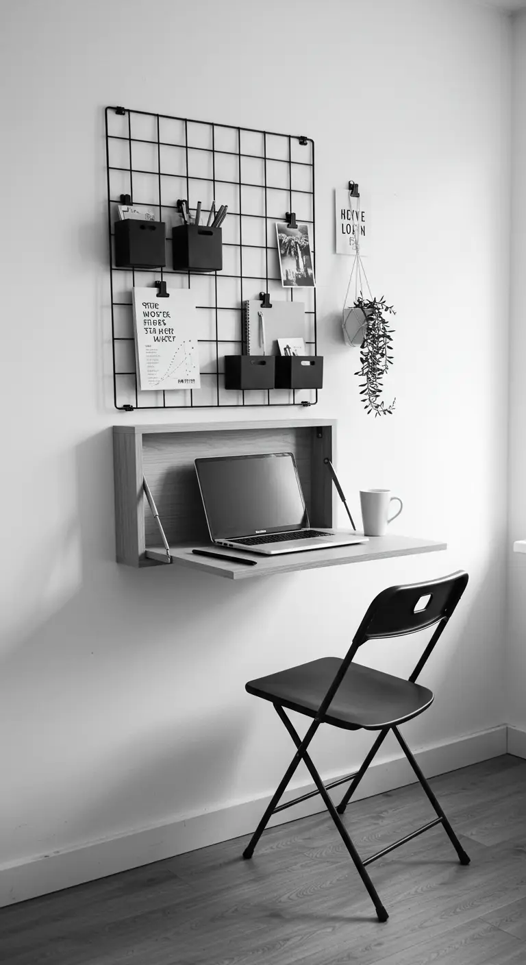 Bureau mural rabattable et minimaliste avec une grille de rangement noire.