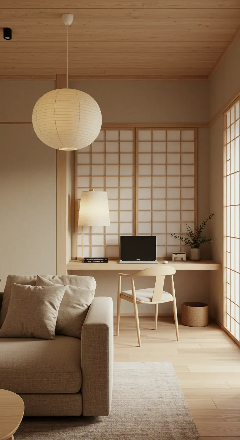 Bureau minimaliste en bois clair dans un salon de style japonais, avec une lampe en papier.