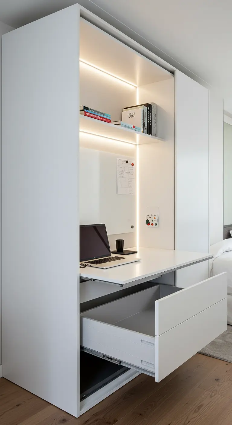 Bureau blanc intégré dans une niche avec plan de travail coulissant et éclairage LED.