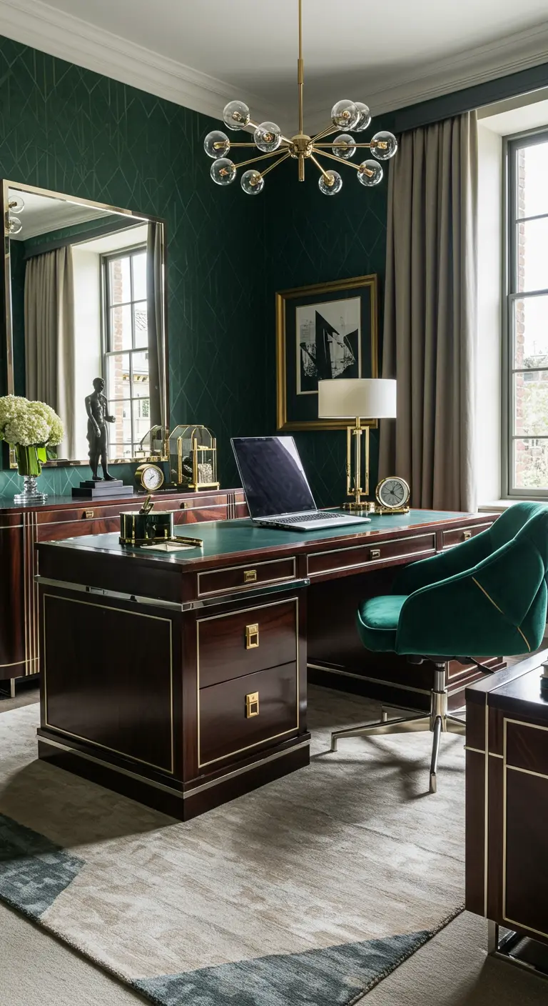 Bureau de luxe avec boiseries sombres, chaise en velours vert émeraude et détails dorés