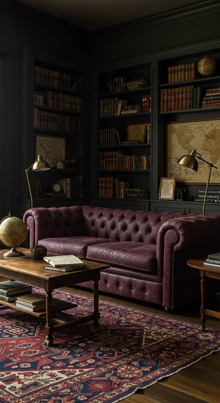 Bureau-bibliothèque sombre avec canapé Chesterfield prune, tapis oriental, table basse en bois et étagères.