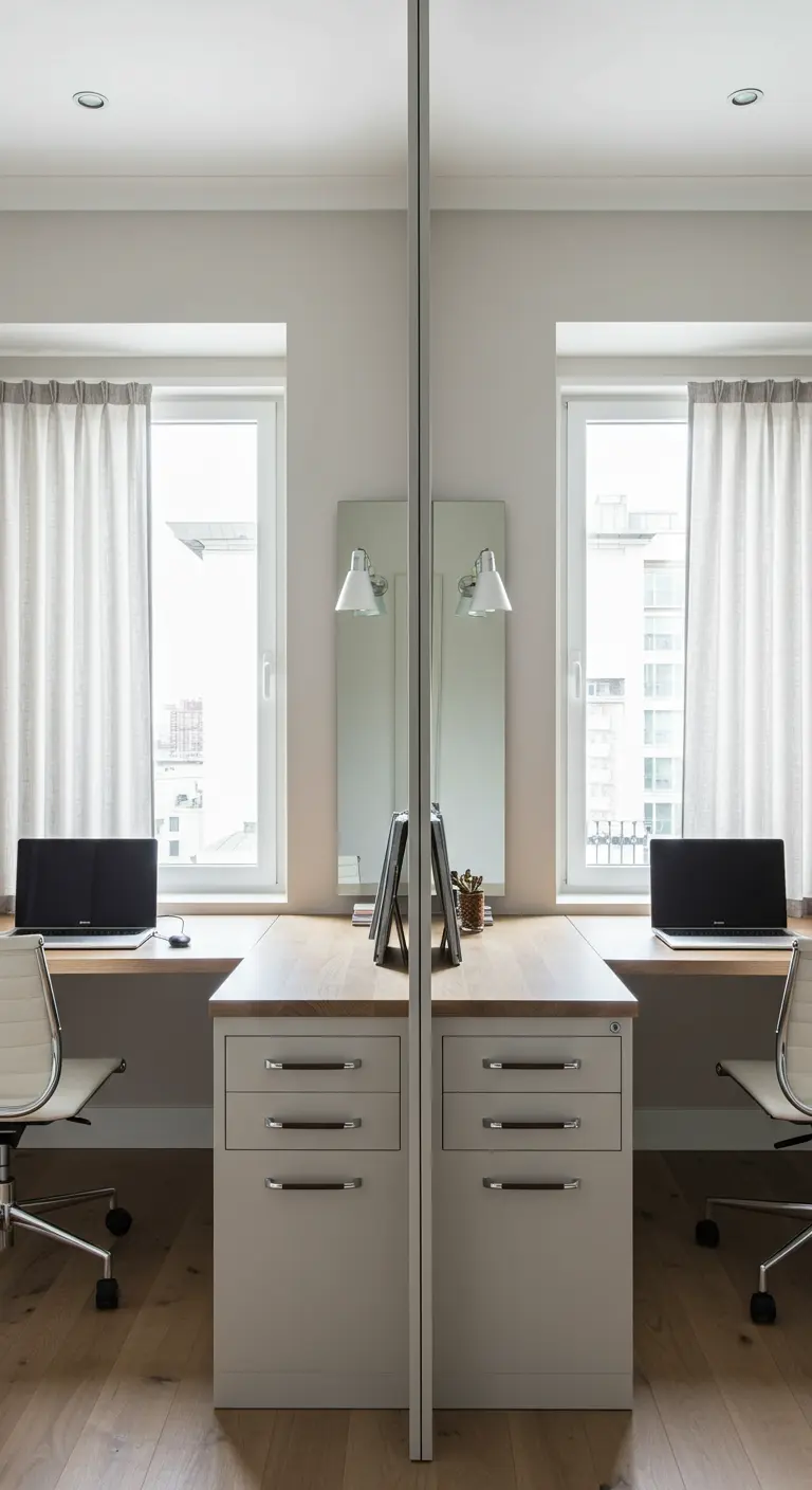 Double bureau symétrique séparé par une cloison recouverte de miroirs.