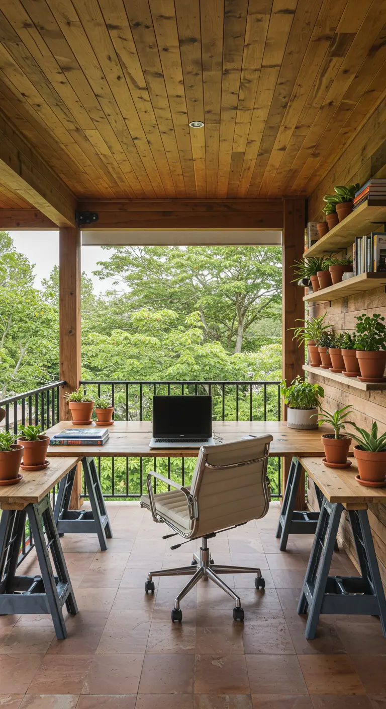 Espace de travail sur un porche en bois avec un bureau fait de planches et de tréteaux
