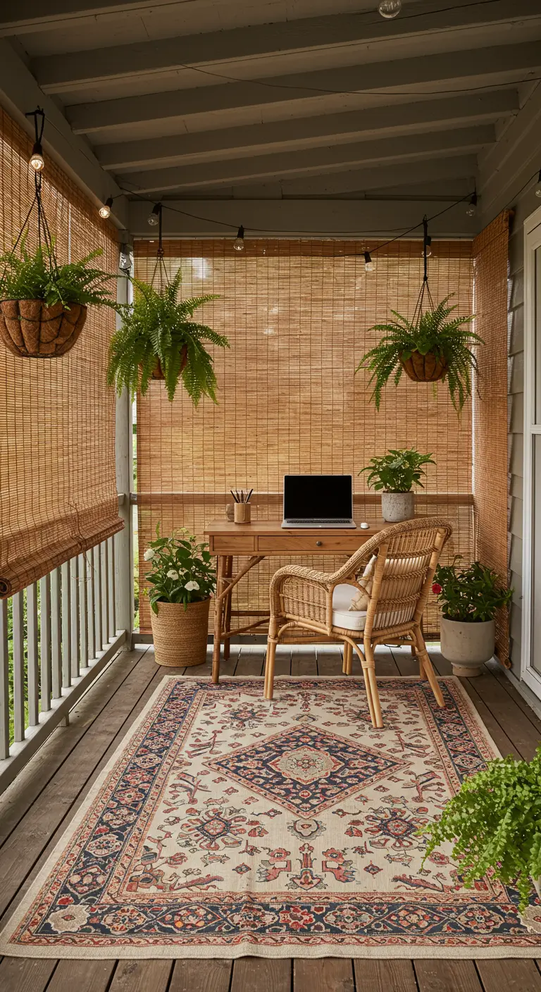 Bureau installé sur un porche avec des stores en bambou et des fougères suspendues.